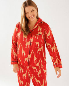 Satin Red Giraffe Print Long Pyjama Set